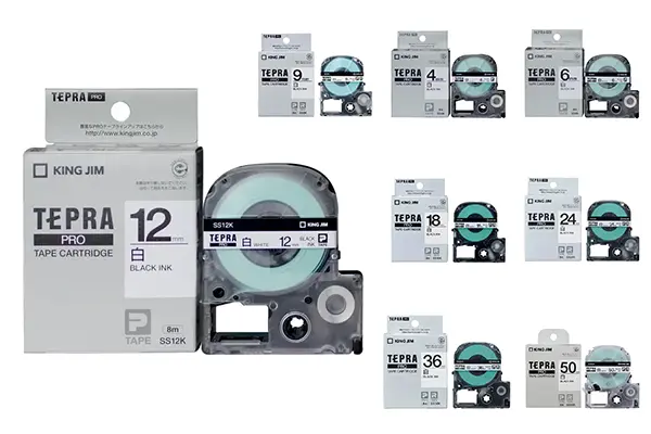 King Jim Tepra Pro SS-Series laminated label tape black on white in various width sizes.