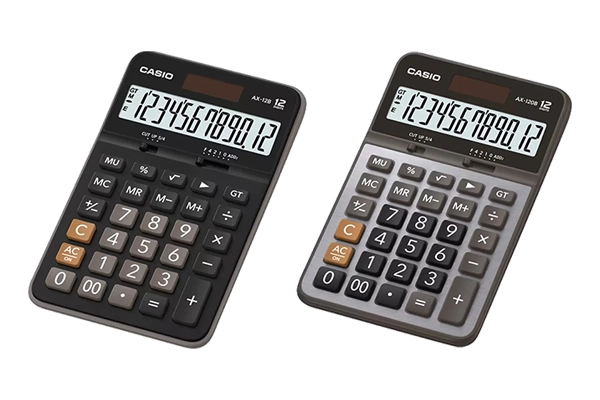 Genuine Casio AX-12B in black and AX-120B with metal faceplate, 12-digit desktop calculators.