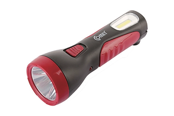 Đèn pin sạc LED Comet CRT254 màu đen đỏ với hai vùng chiếu sáng linh hoạt.