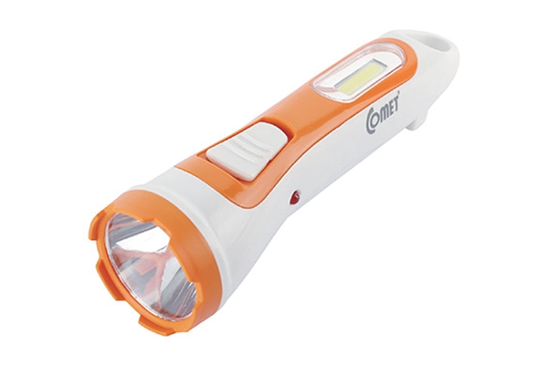 Đèn pin sạc LED Comet CRT453 màu trắng phối cam tích hợp đèn COB bên hông tiện lợi.