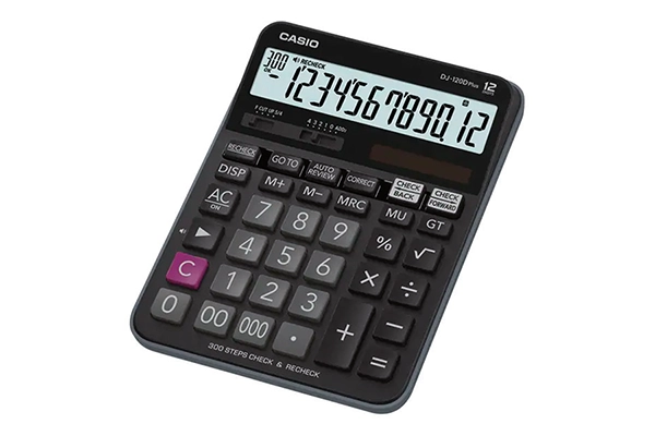 Máy tính để bàn Casio DJ-120D Plus màu đen màn hình cực lớn và phím kiểm tra 300 bước.