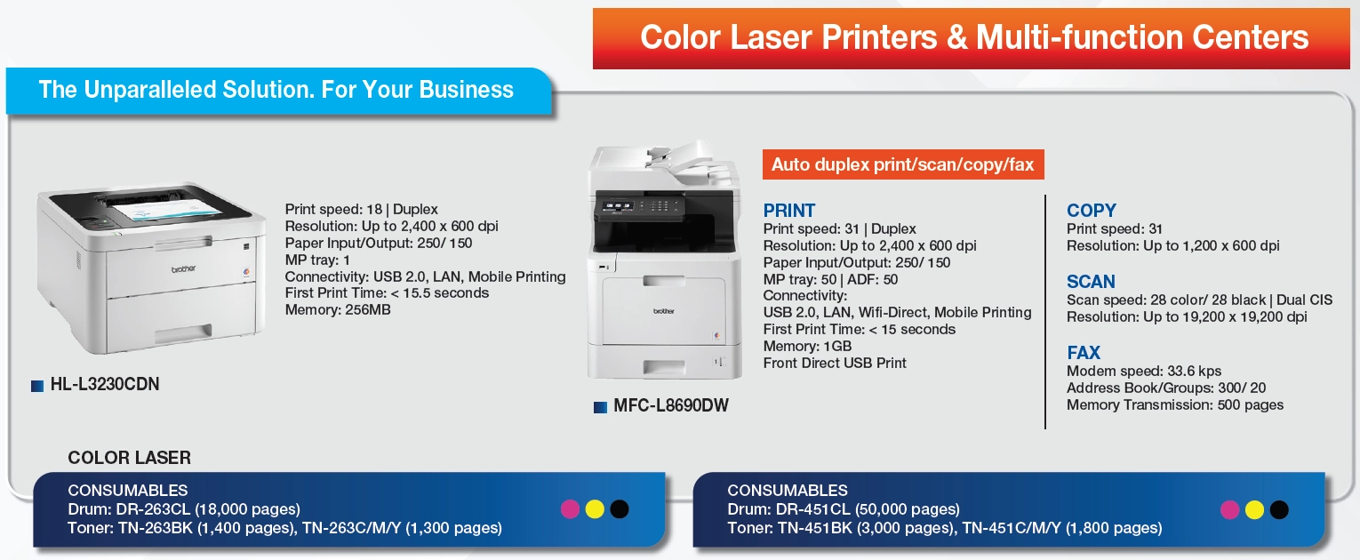 Máy in Laser màu đơn năng Brother HL-L3230CDN và máy in đa năng màu MFC-L8690DW cho văn phòng.