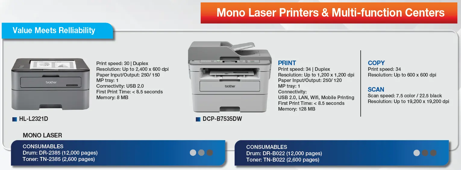 Máy in Laser đơn năng Brother HL-L2321D và máy in đa năng DCP-B7535DW.