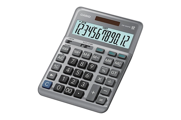 Casio DM-1200FM desktop calculator in black with a metal faceplate and a 12-digit tilted display.