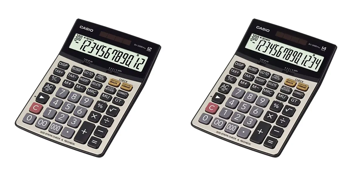 Casio DJ Plus series desktop calculator with metal faceplate and tilted display