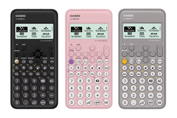 Máy tính khoa học Casio fx-880BTG phiên bản màu Đen, Hồng và Xám với màn hình hiển thị biểu tượng hiện đại