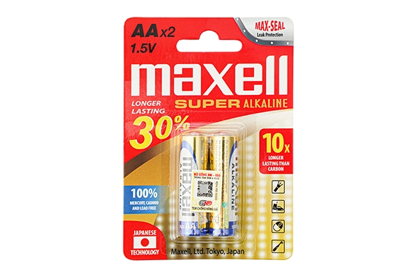 Vỉ 2 viên pin AA Maxell Super Alkaline 1.5V chính hãng với tem chống hàng giả