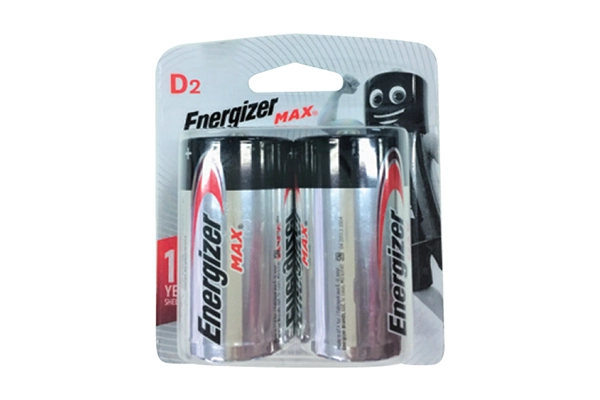 Close-up of a 2-pack blister of genuine Energizer D Max 1.5V batteries featuring the Energizer Bunny.