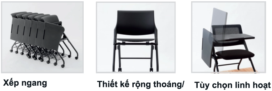 Horizontal nesting feature of CROSS chairs for space-saving storage.