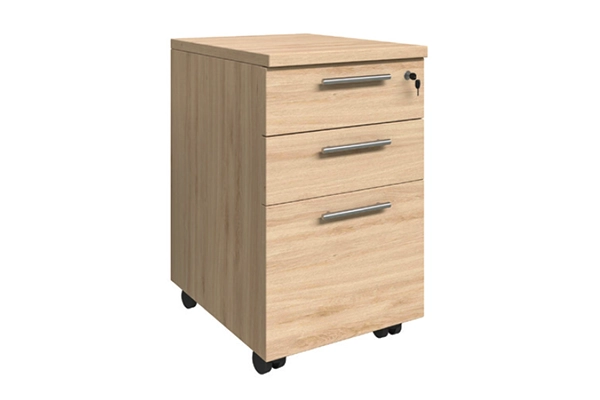 Noi That 190 HG04 mobile wood pedestal with 3 drawers and round tube handles in a natural wood grain finish.