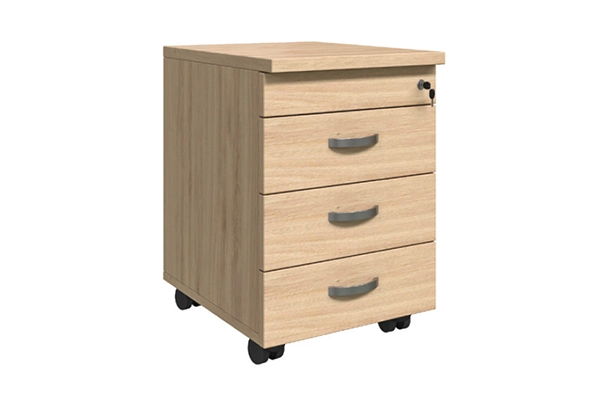 Noi That 190 HG02M mobile 3-drawer wood pedestal with lock and aluminum handles in a light wood grain finish.