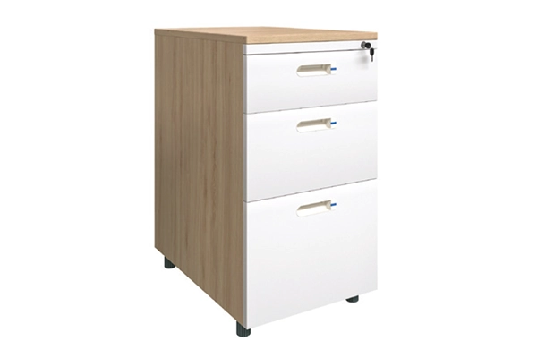HG-05 MFC wooden pedestal with 3 cream powder-coated iron drawers and integrated handles.