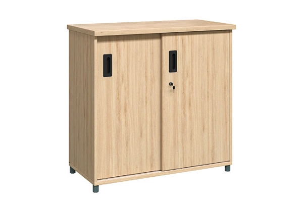 TGL02 low office wood cabinet by Noi That 190 with 2 sliding doors and recessed handles in a wood grain finish.