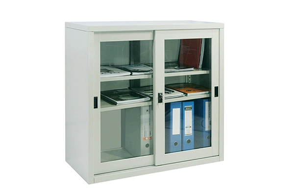 Tủ sắt lửng cửa kính trượt TL01 Nội thất 190 màu xám, bên trong trưng bày các tệp hồ sơ và tài liệu ngăn nắp