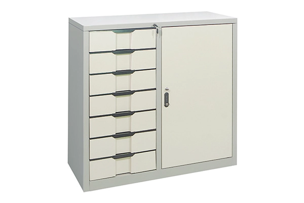 Tủ sắt lửng TS19 Nội thất 190 phối màu kem xám, bên trái có 7 ngăn kéo, bên phải là cánh sắt khóa mã.