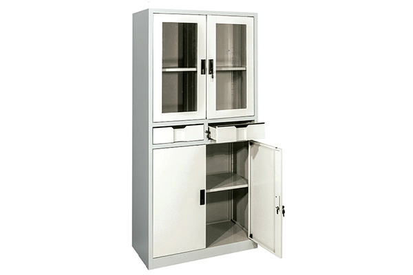 Tủ sắt văn phòng TS03B Nội thất 190 phối màu kem xám, có 2 khoang cửa mở và 2 ngăn kéo giữa.