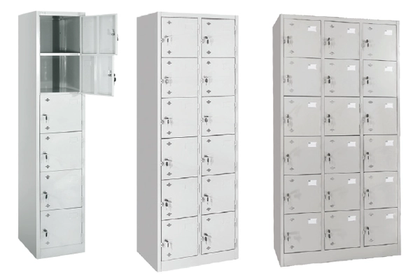 Các mẫu tủ sắt locker nhiều ngăn của Nội thất 190 gồm TS16 (6 ngăn), TS16+1 (12 ngăn) và TS10 (18 ngăn) sơn tĩnh điện màu xám.