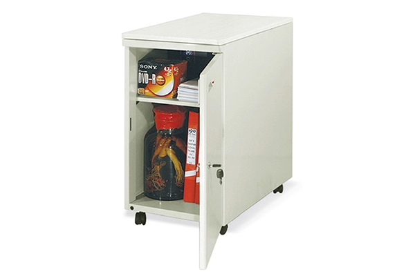 HS02 mobile steel pedestal with 1 swing door, internal storage shelf, and integrated handle.