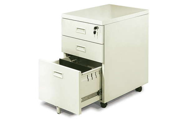 Hộc sắt di động HS03 màu kem, thiết kế 3 ngăn kéo có bánh xe chống lật.