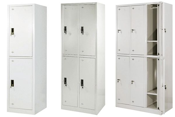Các mẫu tủ sắt locker treo áo chia tầng của Nội thất 190 gồm TS14 (2 khoang), TS15 (4 khoang) và TS12 (6 khoang).